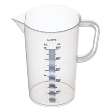 The plastic measuring cup from Diversey Deutschland GmbH & Co. OHG holds 0.5L and features a handle, spout, and a blue scale for precise measurement in liters/milliliters up to 500 ml. Package: 1 piece.