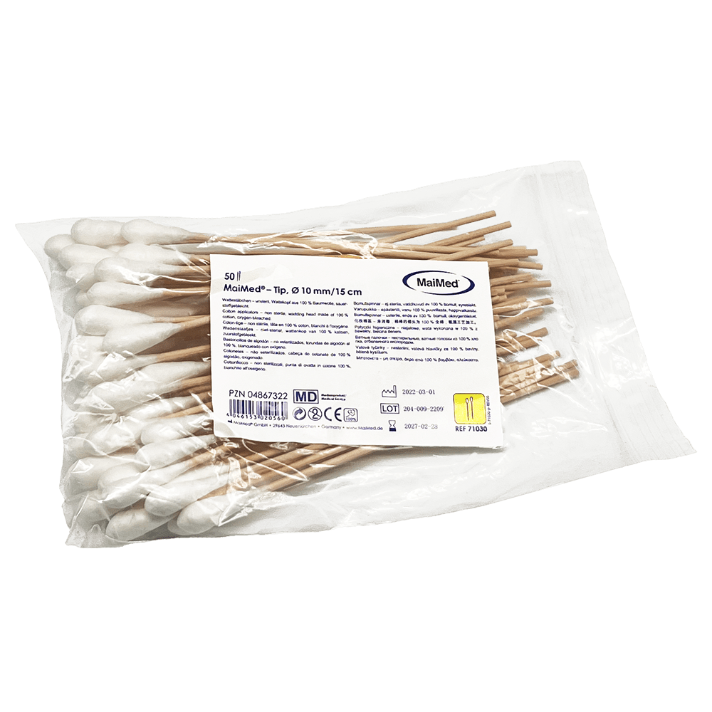 MaiMed - Tip non-sterile cotton swab, 15 cm long, wooden stick | Pack (100 pieces)