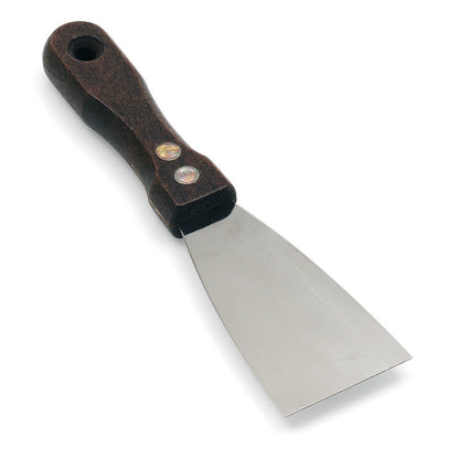 The Nölle Profi Brush professional painter's spatula stainless steel rust-free from Nölle Profi Brush Bürsten- & Pinseltechnik e.K. has a wide, flat blade made of stainless steel and a dark wooden handle with two metal rivets, depicted on a white background.