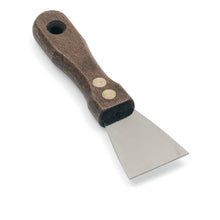 The Nölle Profi Brush Professional Rust Removal Scraper Stainless Steel Rust-Free by Nölle Profi Brush Brush & Paintbrush Technology e.K. has a short, wide stainless steel blade and a dark wooden handle with brass rivets and hanging hole - ideal for rust removal.