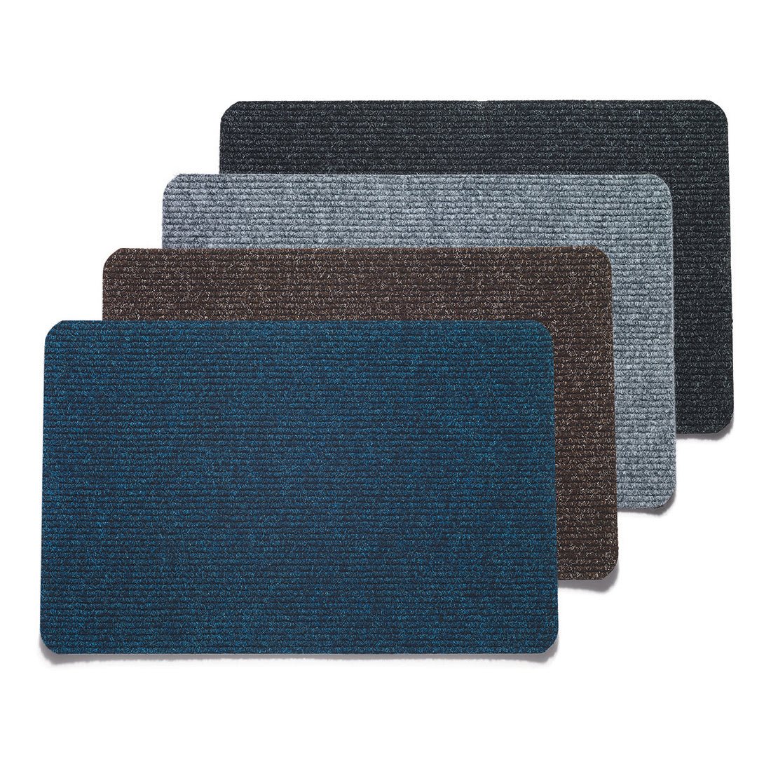 Four Nölle Profi Brush needle felt mats (60x40 cm, ribbed structure) from Nölle Profi Brush Bürsten- & Pinseltechnik e.K. are shown in the colors blue, brown, light gray, and dark gray in a staggered arrangement.