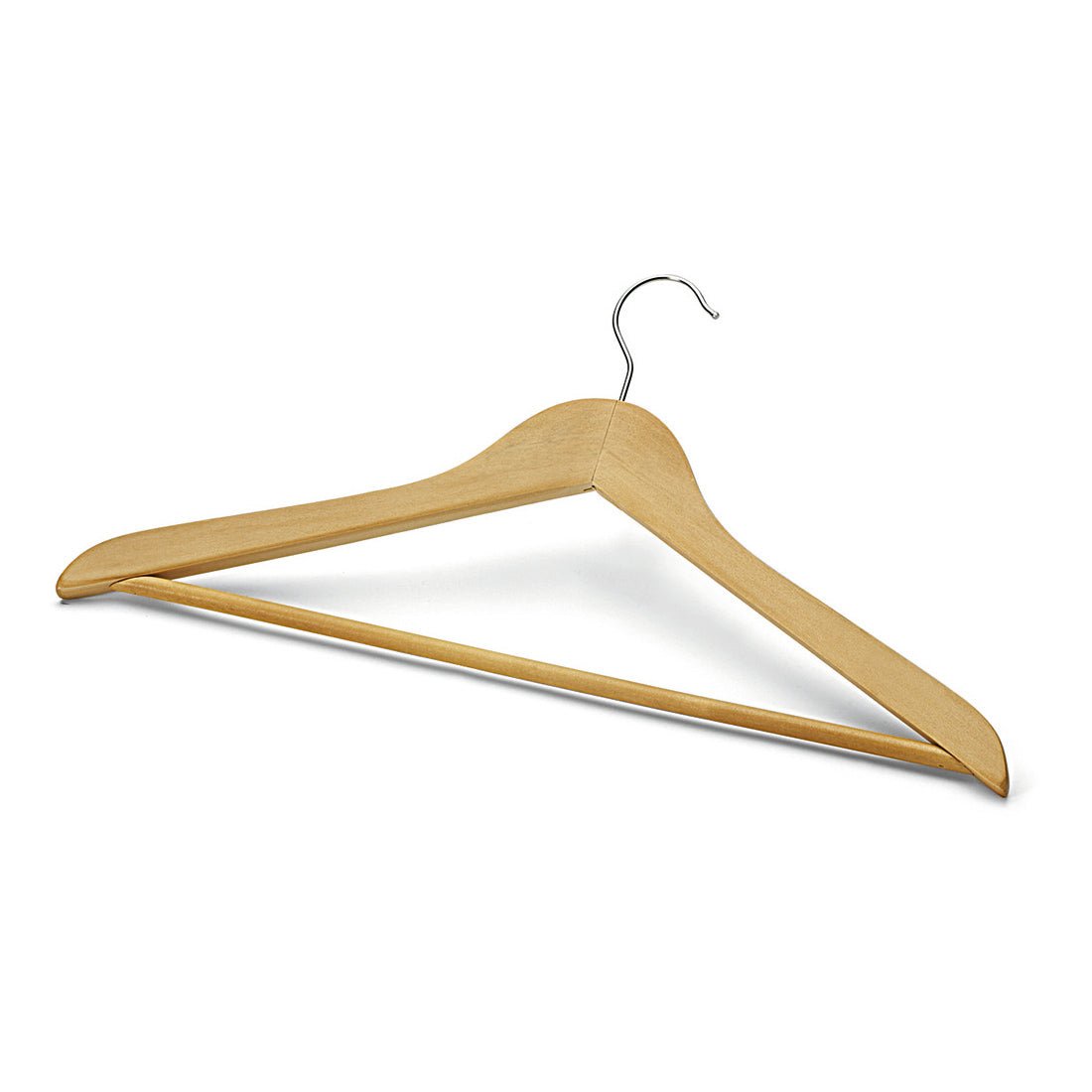 A Nölle Profi Brush clothing hanger 45 cm made of wood (12 mm) with bar from Nölle Profi Brush Bürsten- & Pinseltechnik e.K., lies on a white background and shows its complete, slightly angled triangular shape.