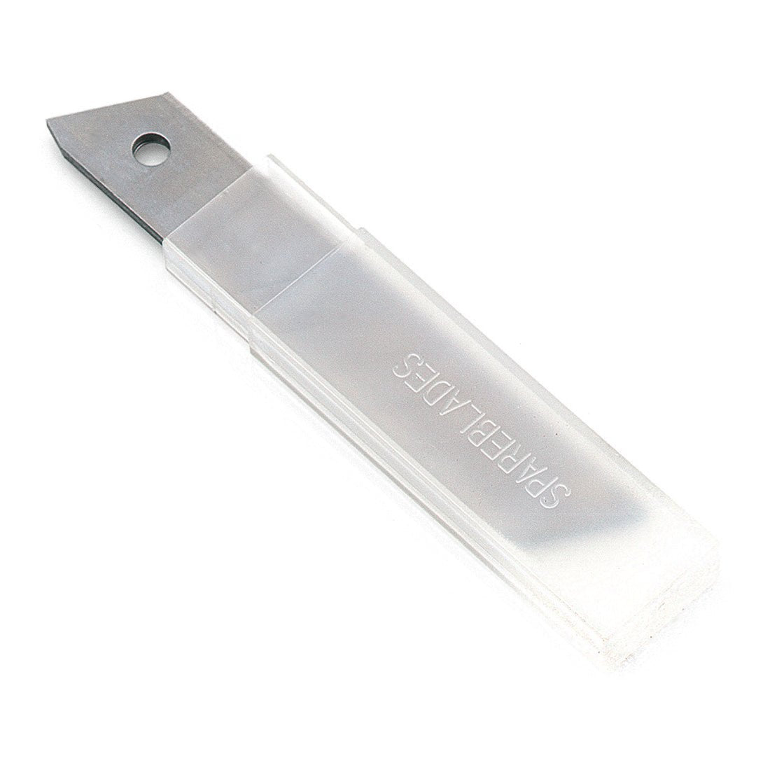 A rectangular transparent case with the inscription "SPARE BLADES" contains Nölle Profi Brush snap-off blades from Nölle Profi Brush Bürsten- & Pinseltechnik e.K., with a high-quality blade partially visible and a hole near the edge.