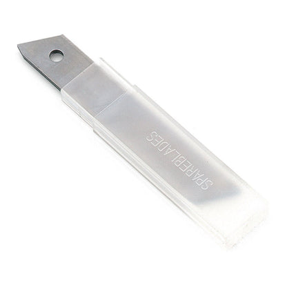 A rectangular transparent case with the inscription "SPARE BLADES" contains Nölle Profi Brush snap-off blades from Nölle Profi Brush Bürsten- & Pinseltechnik e.K., with a high-quality blade partially visible and a hole near the edge.