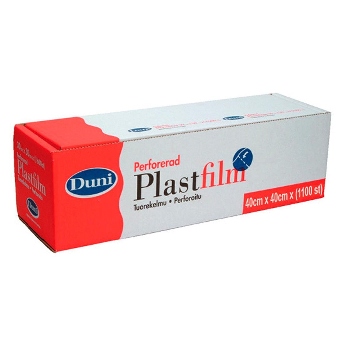 A rectangular box of Duni GmbH cling film perforated, labeled in Swedish, with red and white packaging and a blue logo; contains a roll of transparent PVC film (40cm x 440m, 1100 sheets), ideal for use in the catering industry.