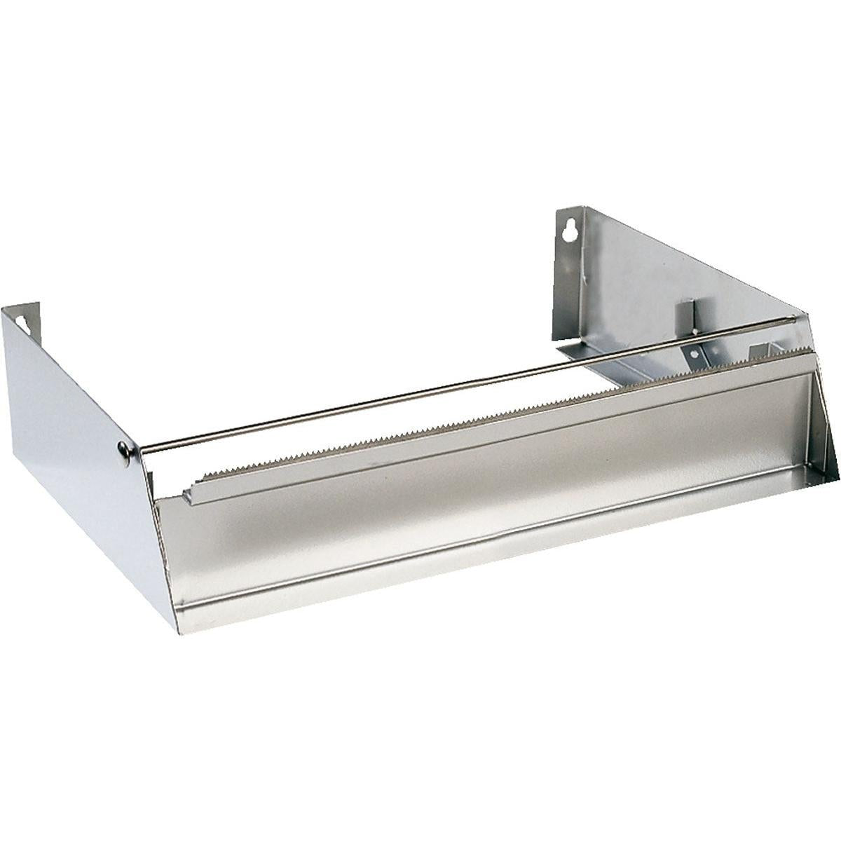 The Duni GmbH dispenser for 450 mm films Grey Steel 45cm is a metal dispenser with serrated edges and a horizontal bar for cutting and holding rolls, with holes for easy wall mounting. Package: 1 piece.