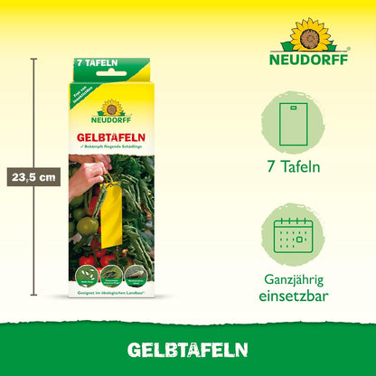 The packaging of Neudorff Shop Gelbtafeln (small format) shows 7 yellow sticky traps (23.5 cm high) for insect control, effective against winged aphids and whiteflies, with pictograms/text indicating year-round use.