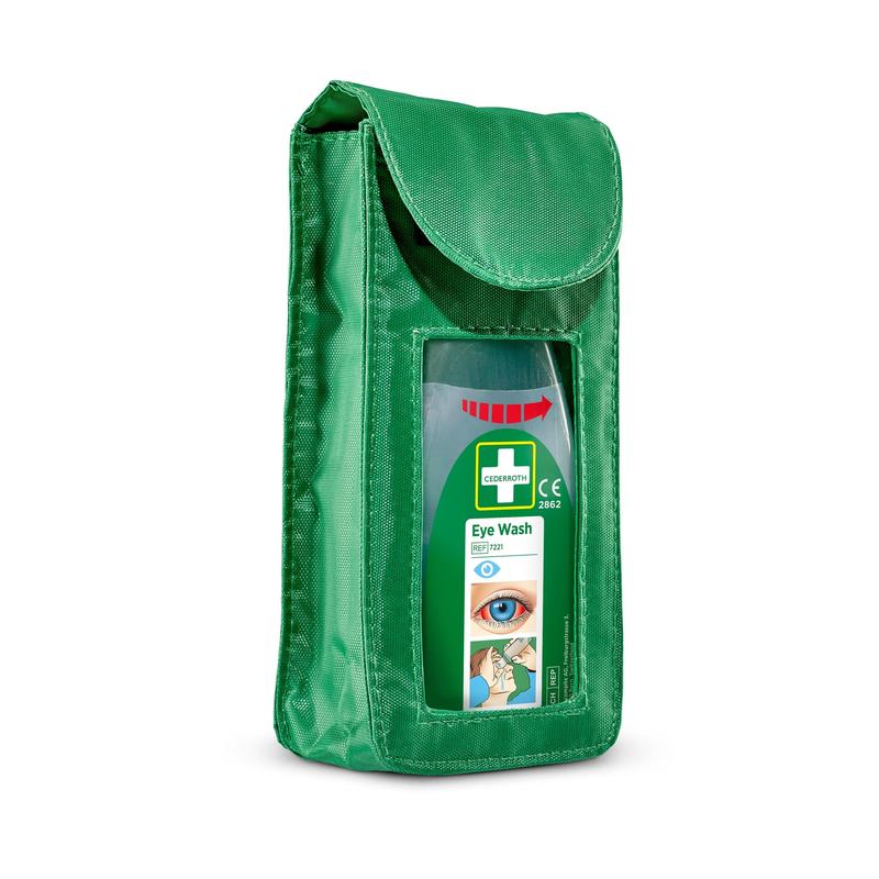 The holster for Cederroth eye wash pouch model (ref 7221) by Orkla Wound Care AB features a clear window for the eye wash bottle, a flip lid, and a red arrow on the label-compliant eye wash accessory. Packaging: 1 piece.