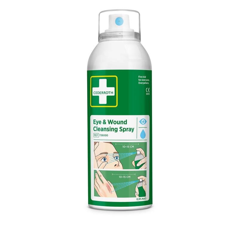 A green-white 150 ml bottle of Orkla Wound Care AB Cederroth Eye and Wound Cleansing Spray, package (1 piece), shows a pictorial first aid guide for spraying the solution onto an eye or wound from a distance of 10-15 cm.