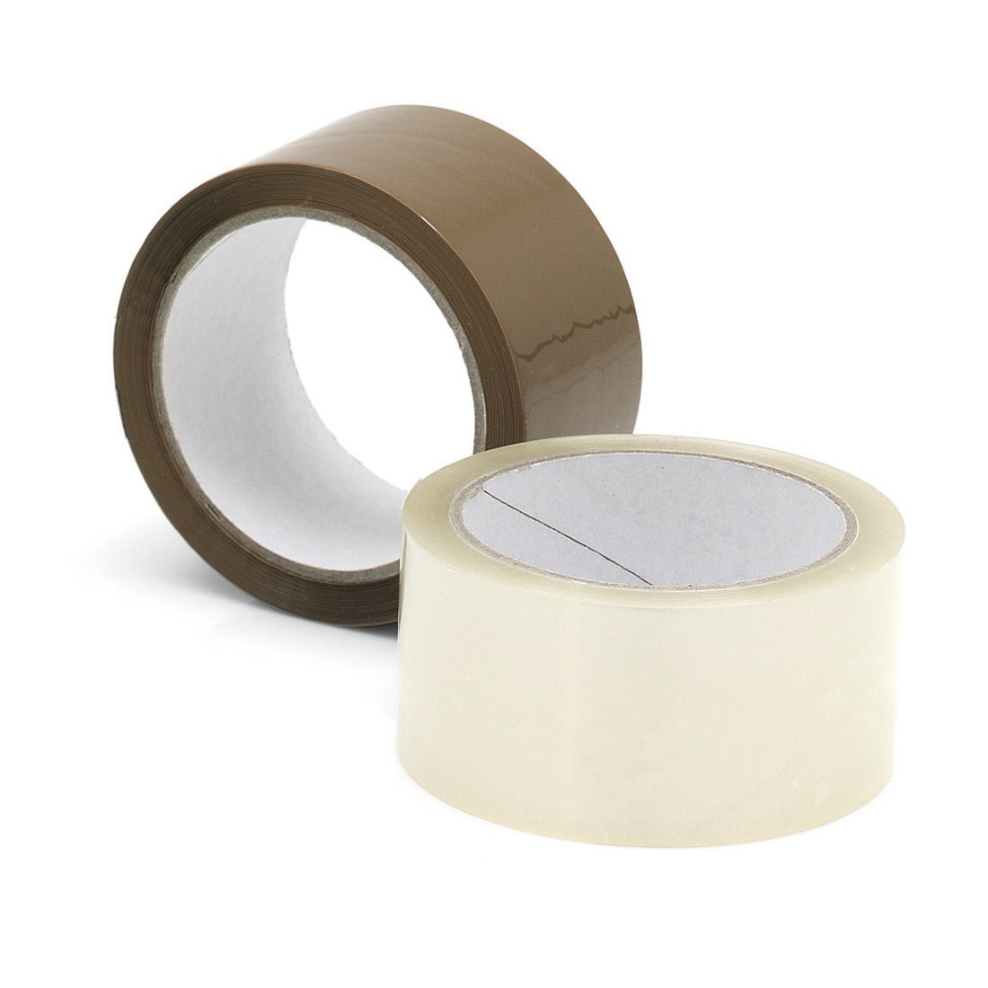 Two rolls of Nölle Profi Brush packing tape from Nölle Profi Brush Bürsten- & Pinseltechnik e.K. - one brown and one transparent - are depicted on a white background, each partially unrolled to show the adhesive side for easy packaging.
