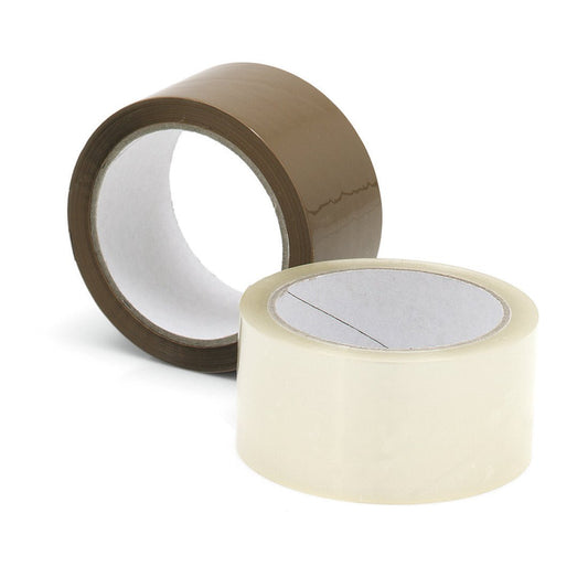 Two rolls of Nölle Profi Brush packing tape from Nölle Profi Brush Bürsten- & Pinseltechnik e.K. - one brown and one transparent - are depicted on a white background, each partially unrolled to show the adhesive side for easy packaging.