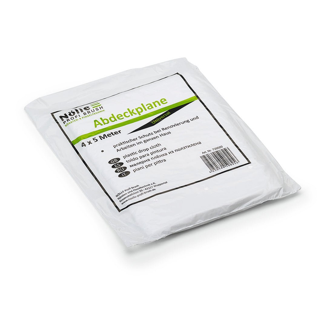 The Nölle Profi Brush Universal Cover Sheet 4 m from Nölle Profi Brush Brush & Paint Technology e.K. is a folded white plastic sheet in a package labeled "Cover Sheet" - perfect for renovation or as an essential painting accessory, with German details and tips.