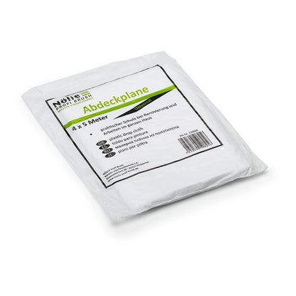 The Nölle Profi Brush Universal Cover Sheet 4 m from Nölle Profi Brush Brush & Paint Technology e.K. is a folded white plastic sheet in a package labeled "Cover Sheet" - perfect for renovation or as an essential painting accessory, with German details and tips.