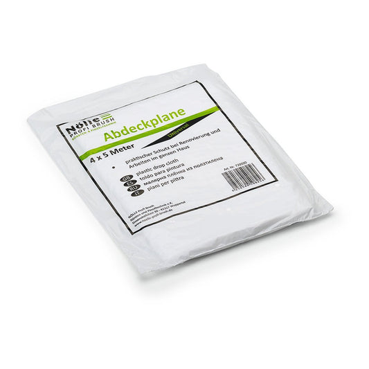 The Nölle Profi Brush Universal Cover Sheet 4 m from Nölle Profi Brush Brush & Paint Technology e.K. is a folded white plastic sheet in a package labeled "Cover Sheet" - perfect for renovation or as an essential painting accessory, with German details and tips.