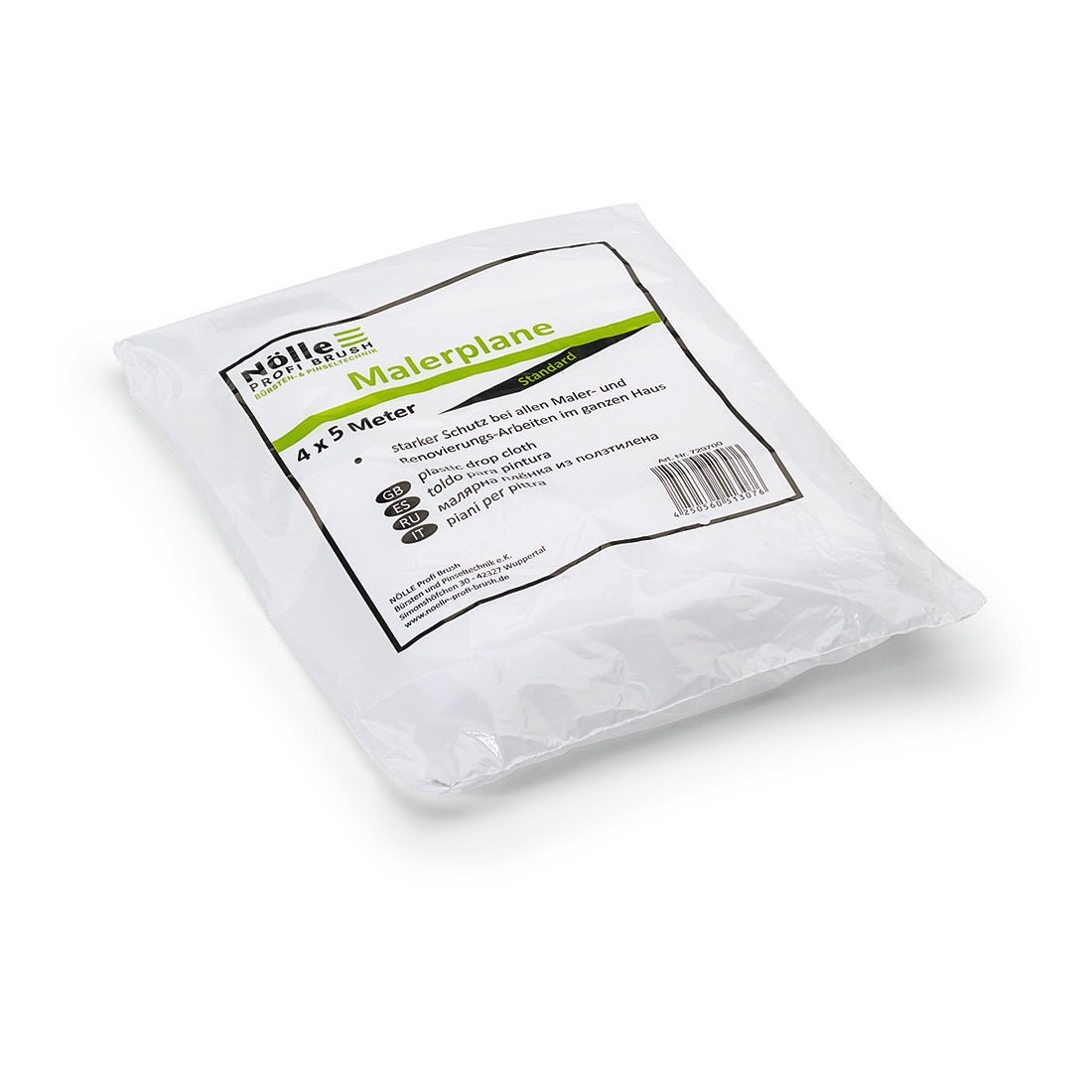 Pictured is a sealed Nölle Profi Brush painter's tarp 4x5 m (11 my), durable for painting work, 1 piece, by Nölle Profi Brush Bürsten- & Pinseltechnik e.K., with label, symbols & barcode, on a white background.