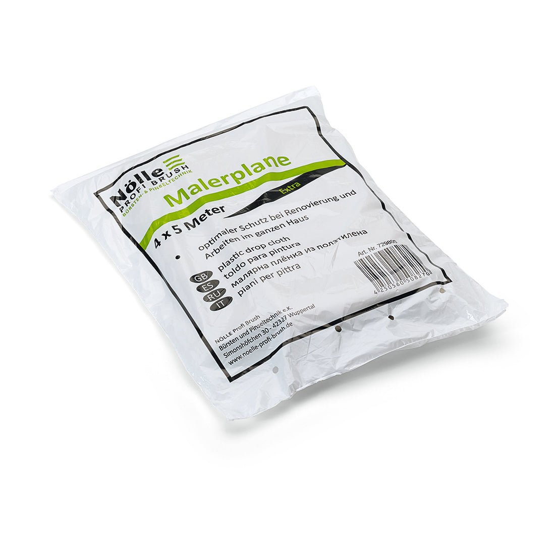 A sealed package of Nölle Profi Pinsel Painter's Sheet Extra (4x5 m, 30 my) for painting work. The white packaging with black and green multilingual text is ideal for floor protection.