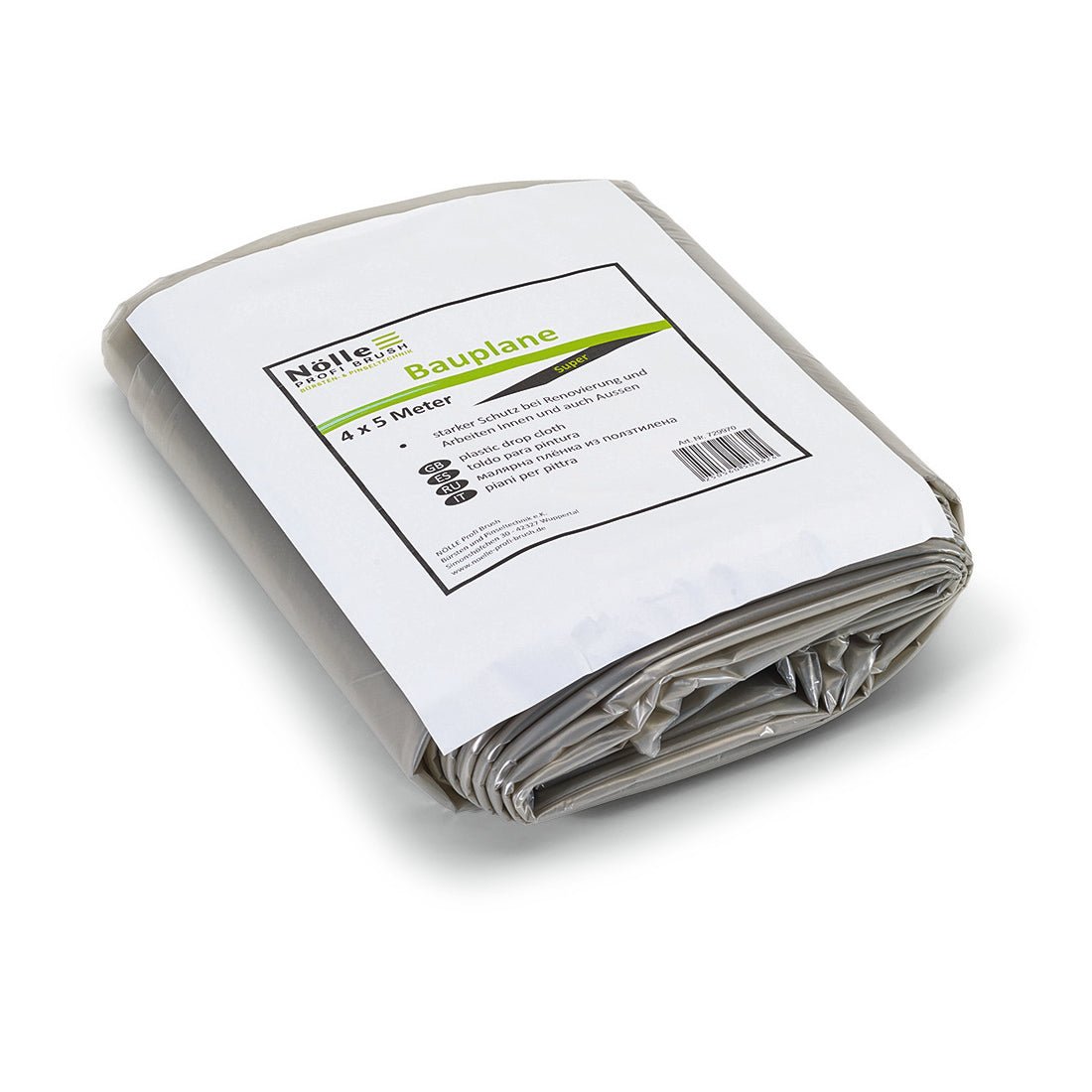 A folded gray Nölle Profi Brush construction tarp 4x5 m, 75 my, with a sturdy white label with the inscription "4x5 m" and the product information as well as the barcode from Nölle Profi Brush Bürsten- & Pinseltechnik e.K., on a white background.