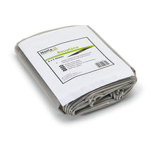 A folded gray Nölle Profi Brush construction tarp 4x5 m, 75 my, with a sturdy white label with the inscription "4x5 m" and the product information as well as the barcode from Nölle Profi Brush Bürsten- & Pinseltechnik e.K., on a white background.