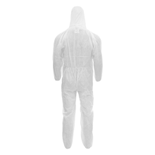 A rear view of the NITRAS PP protective coverall from AS Arbeitsschutz GmbH. It is a white full-body suit with a hood that covers the entire body including legs and arms. This protective clothing made from lightweight, breathable polypropylene looks like disposable clothing, yet it is extremely effective.