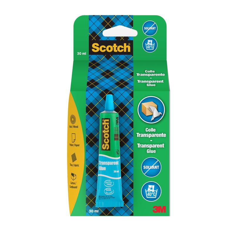 A 30 ml tube of Scotch® transparent solvent-free adhesive for household use from 3M Deutschland GmbH in blue and green packaging, suitable for wood, paper, fabric, and cardboard. Transparent and solvent-free.