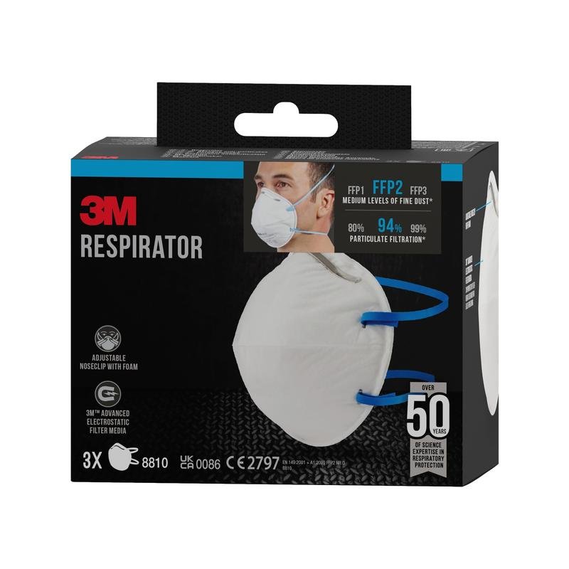 3M™ Particulate Respirator 8810, FFP2, without valve, 3-pack from 3M Deutschland GmbH. The packaging shows a person with the mask and highlights FFP2 filtration as well as the adjustable nose clip. Contains 3 masks per pack.