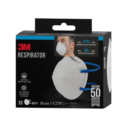 3M™ Particulate Respirator 8810, FFP2, without valve, 3-pack from 3M Deutschland GmbH. The packaging shows a person with the mask and highlights FFP2 filtration as well as the adjustable nose clip. Contains 3 masks per pack.