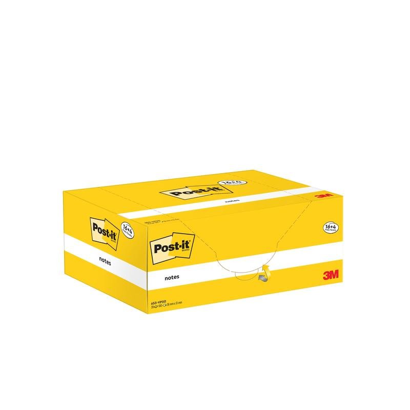 Pictured is a yellow-white promotion pack of Post-it® Notes (3M Deutschland GmbH), yellow, 38x51mm, 100 sheets/block, 16 blocks + 4 free, 100% PEFC certified (SGSCH-PEFC-COC-110078), against a white background.
