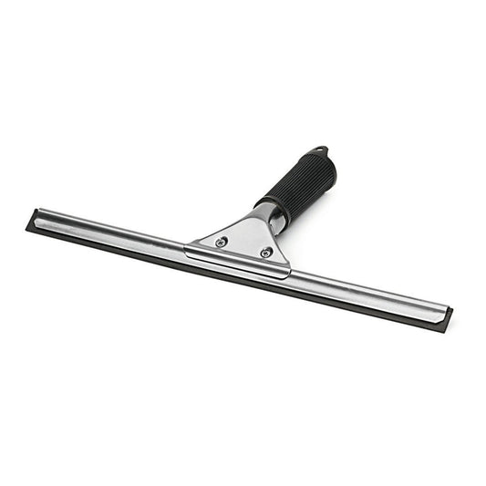 The Nölle Profi Brush window squeegee stainless steel from Nölle Profi Brush brush & paintbrush technology e.K. with black rubber lip and handle ensures streak-free cleanliness - presented on a white background.