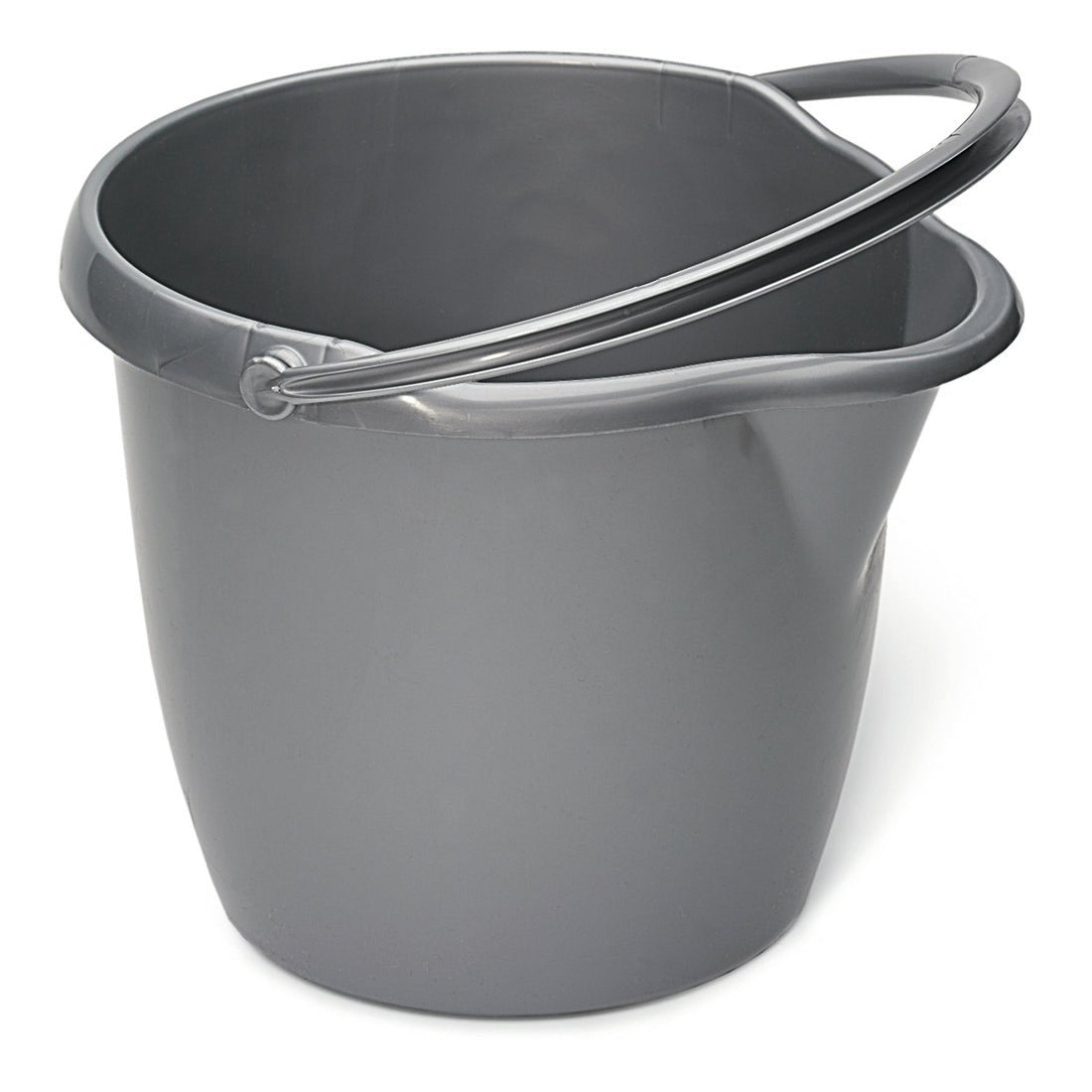 The Nölle Profi Brush household bucket with spout, 12 liters, silver plastic, by Nölle Profi Brush Broom & Brush Technology e.K., features a metal handle, a rounded shape, and a side spout - ideal for practical tasks in the household.