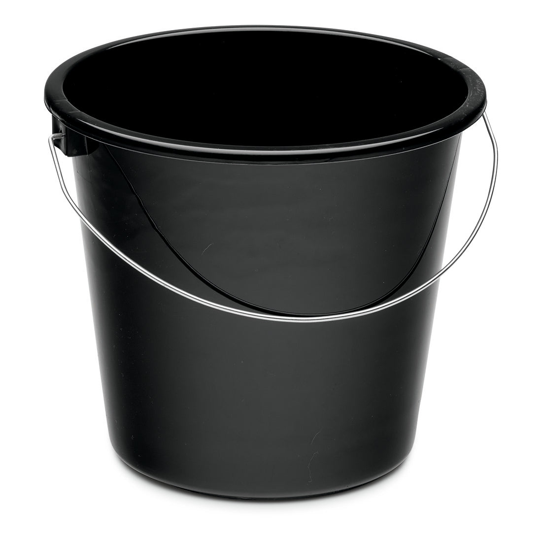 The Nölle Profi Brush household bucket 5 liters plastic by Nölle Profi Brush brush & paintbrush technology e.K. is a black plastic bucket with a metal handle, smooth surface, and open round lid, ideal as a cleaning accessory for the household.