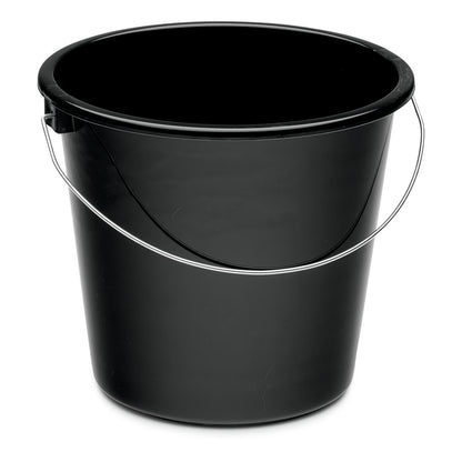 The Nölle Profi Brush household bucket 5 liters plastic by Nölle Profi Brush brush & paintbrush technology e.K. is a black plastic bucket with a metal handle, smooth surface, and open round lid, ideal as a cleaning accessory for the household.