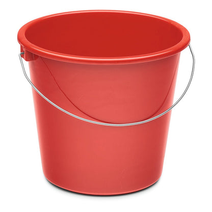 The Nölle Profi Brush household bucket 5 liters plastic by Nölle Profi Brush brush & paintbrush technology e.K. is a simple red bucket with a metal handle, ideal for cleaning tasks and an indispensable cleaning accessory. Photographed against a white background.