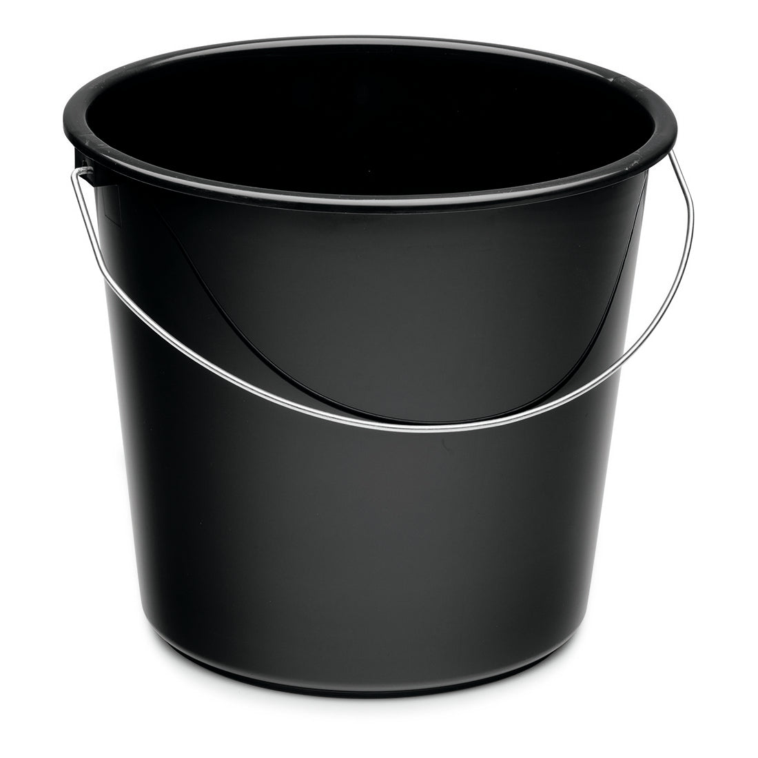 The Nölle Profi Brush household bucket 10 liters plastic from Nölle Profi Brush Bürsten- & Pinseltechnik e.K. is a simple black bucket with a silver metal handle, depicted empty against a white background.