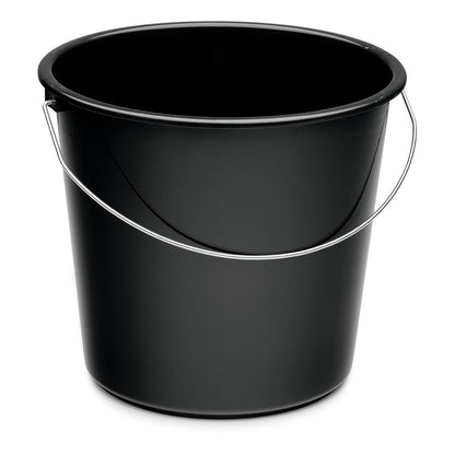 The Nölle Profi Brush household bucket 10 liters plastic from Nölle Profi Brush Bürsten- & Pinseltechnik e.K. is a simple black bucket with a silver metal handle, depicted empty against a white background.
