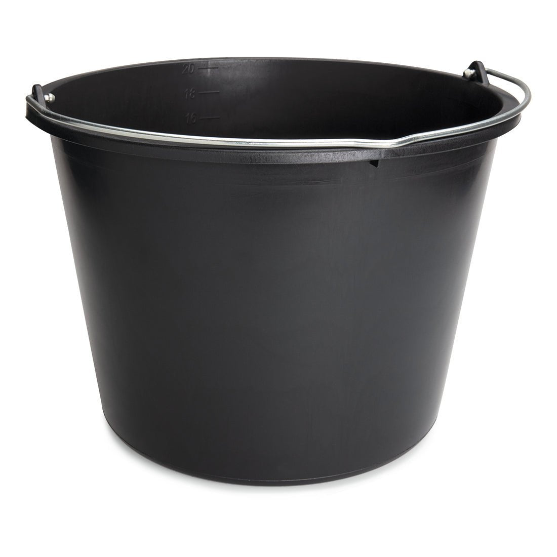 The Nölle Profi Brush construction bucket made of black plastic with a metal carrying handle and internal scale from Nölle Profi Brush Bürsten- & Pinseltechnik e.K. stands against a white background.