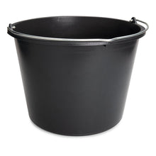 The Nölle Profi Brush construction bucket made of black plastic with a metal carrying handle and internal scale from Nölle Profi Brush Bürsten- & Pinseltechnik e.K. stands against a white background.