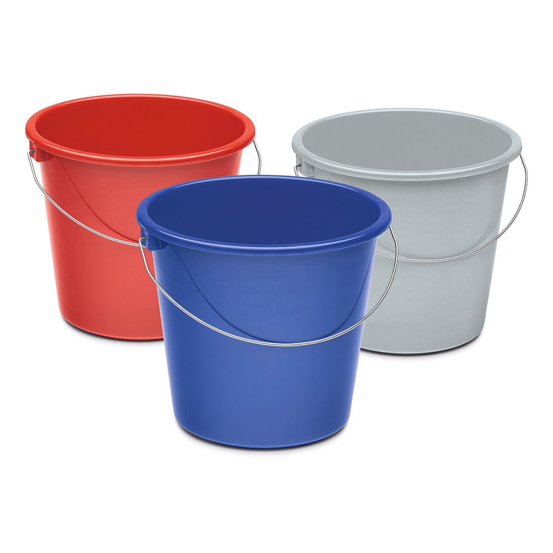 Three Nölle Profi Brush household buckets 10 liters plastic from Nölle Profi Brush Bürsten- & Pinseltechnik e.K. - one red, one blue, and one gray - are depicted with metal handles close together on a white background.