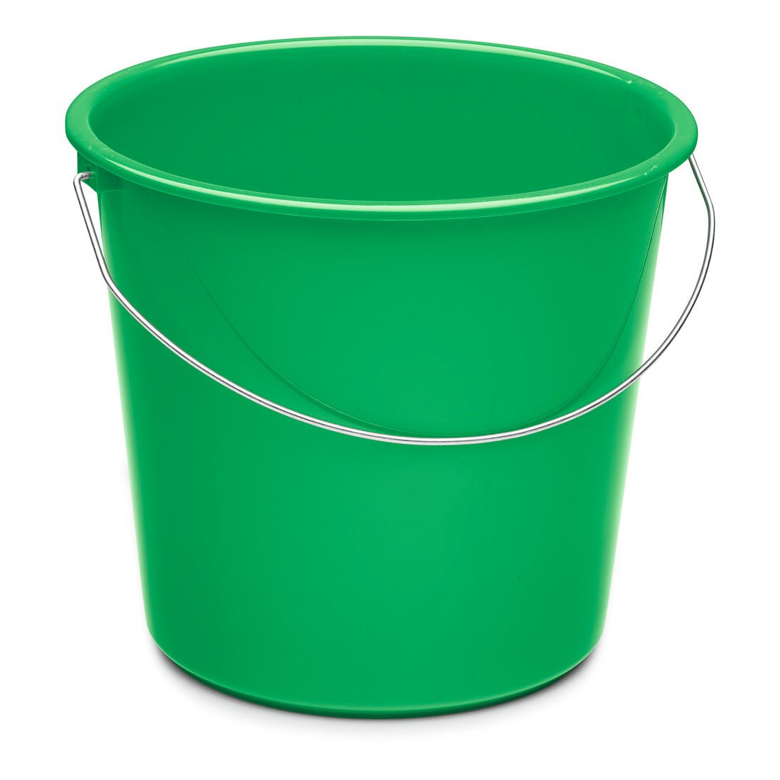 The Nölle Profi Brush household bucket 10 liters plastic from Nölle Profi Brush Bürsten- & Pinseltechnik e.K. is a simple green bucket with a metal handle, ideal for versatile cleaning and household use. Depicted on a white background.