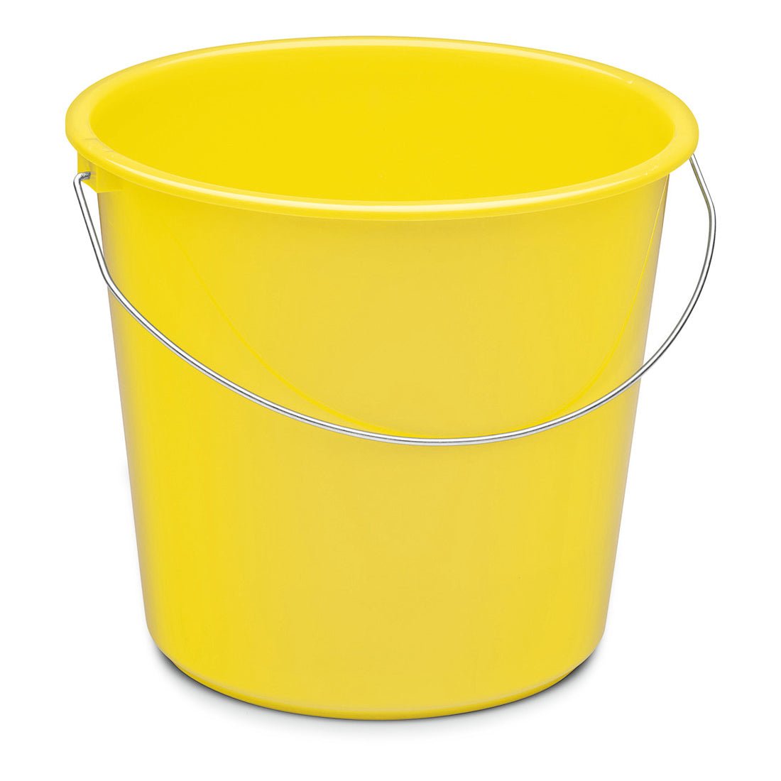 The Nölle Profi Brush household bucket 10 liters plastic from Nölle Profi Brush Bürsten- & Pinseltechnik e.K. is depicted upright and empty. It has a bright yellow body and a silver metal handle against a plain white background.