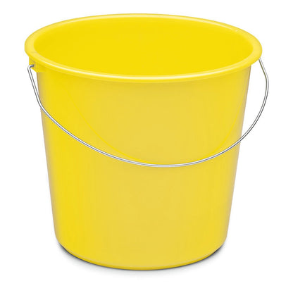 The Nölle Profi Brush household bucket 10 liters plastic from Nölle Profi Brush Bürsten- & Pinseltechnik e.K. is depicted upright and empty. It has a bright yellow body and a silver metal handle against a plain white background.