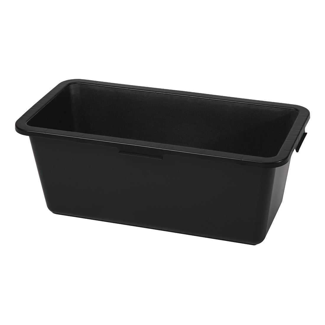 The Nölle Profi Brush mortar box plastic black from Nölle Profi Brush Bürsten- & Pinseltechnik e.K. is a rectangular black trash can with slanted sides and an upper rim, ideal as construction site accessories, depicted on a plain white background.