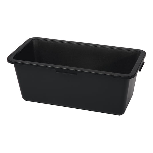 The Nölle Profi Brush mortar box plastic black from Nölle Profi Brush Bürsten- & Pinseltechnik e.K. is a rectangular black trash can with slanted sides and an upper rim, ideal as construction site accessories, depicted on a plain white background.
