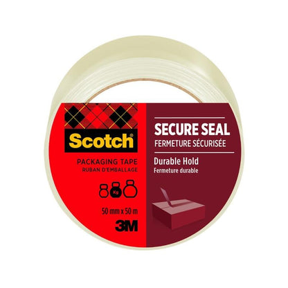 A roll of Scotch® packaging tape for secure sealing, 50 mm x 50 m, from 3M Deutschland GmbH, with a red label featuring pictograms, bilingual text (English/French), and the inscriptions "SECURE SEAL" and "Durable Hold".