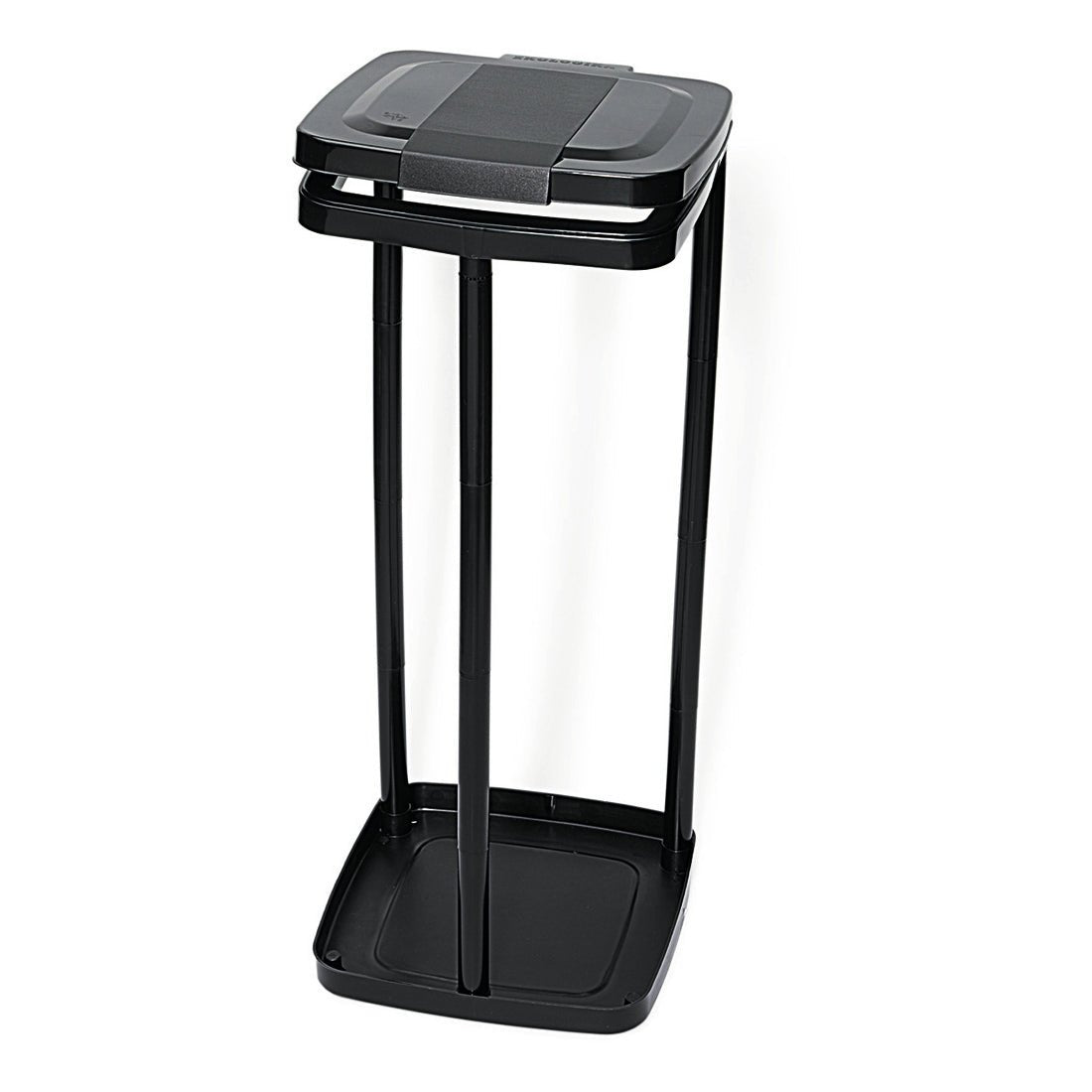 The Nölle Profi Brush waste bag stand for 120-liter bags, black, by Nölle Profi Brush Bürsten- & Pinseltechnik e.K. features a black, open frame with a square base, four vertical rods, and a flip-open lid for convenient waste collection.
