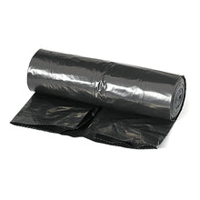 A jumbo garbage bag 240L, 60my, black from Nölle Profi Brush Bürsten- & Pinseltechnik e.K. is partially unrolled and shows the shiny surface as well as perforated edges of this robust trash bag.