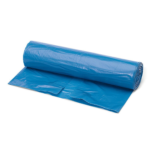 A partially unrolled Nölle Profi Brush Standard garbage bag, 120 liters, 40 microns, blue from Nölle Profi Brush Brush & Paint Technology e.K. rests on a white surface.