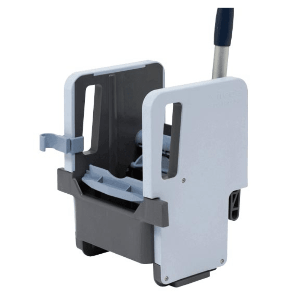 The Vileda Professional Vertical Press with dimensions 23 x 23 x 32 cm, available in a single package from Vileda GmbH, is a commercial mop bucket wringer with a handle. The gray-white design is made of durable polypropylene, making it ideal for use with the Vileda Professional Vertical Press. It efficiently wrings out mops and features slots for catching excess water, while the reinforced handle ensures durability.