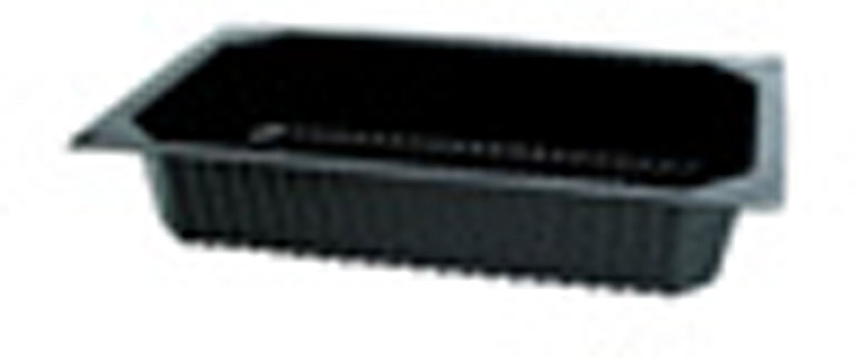 The Duni GmbH PP Tray 1/4 GN Black is a black dining tray with ribbed sides and a flat rim, perfect for buffet presentation in the catering industry, depicted on a white background.