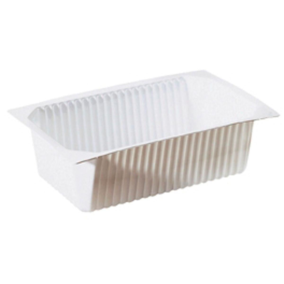 The Duni GmbH PP Bowl 1/4 GN White PP is a white, rectangular, ribbed bowl with slightly flared sides, ideal for use in the catering industry as a 1/4 GN bowl for versatile food packaging or serving applications.