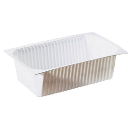 The Duni GmbH PP Bowl 1/4 GN White PP is a white, rectangular, ribbed bowl with slightly flared sides, ideal for use in the catering industry as a 1/4 GN bowl for versatile food packaging or serving applications.